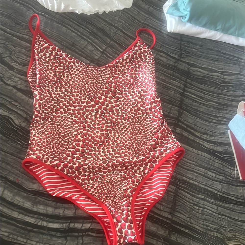 J. Crew Red and White Patterned One Piece Swimsuit strawberry reversible striped